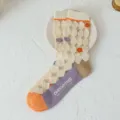 Japanese style mesh socks with purple cotton sole and orange toe accents - One Size (35-39) / Large Vertical Rhombic Flower / 1 Pair