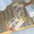 Floral mesh socks with pink tulip embroidery and comfortable white cotton sole for women - One Size (35-39) / Allover Floral / 1 Pair