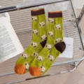 Sheer green checkered crew socks with floral pattern and orange toe cotton bottom - One Size (35-39) / Geometric Floral Style / 1 Pair