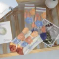 Transparent mesh women's socks featuring orange and blue floral patterns on a glass silk base - One Size (35-39) / Blue Orange Large Flower / 1 Pair
