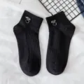 Black short socks for women with cute white embroidery, comfortable cotton ankle socks. - One Size (35-39) / Black Smiley Face