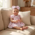Close-up detail of a lifelike 22-inch reborn baby doll in a pink cherry print dress - Cherry Butterfly Print Style / 55 cm