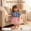 Detailed view of 22-inch reborn doll in standing pose wearing a denim jacket and pink dress - 55cm Full Vinyl Version / As Shown