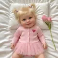 Detailed view of a 20-inch Maddie reborn doll wearing a pink heart tutu outfit and cardigan - Heart Cardigan Tutu Set / 20 Inch Full Body Silicone