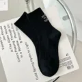 Black mid-calf cotton socks with stylish white letter embroidery for women daily wear. - One Size (34-40) / Black