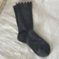 Dark grey speckled yarn lettuce edge mid-calf socks, cute preppy Japanese slouch style. - One Size (34-40) / Dark Gray