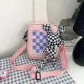 Bonito bolso bandolera rosa con muñeco conejo de cuadros y correa de hombro ajustable - 16*20*6 / Rosa