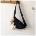 Cute black canvas chest bag with 3D teddy bear plush toy for casual outdoor use - Black
