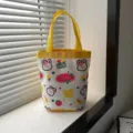 Cute cartoon canvas tote bag for lunch with yellow handles and rabbit print - Gold