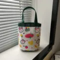 Cute cartoon rabbit canvas tote lunch bag with green handles and Smile Sweet print - Dark Green
