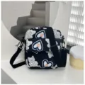 Bolso bandolera de nailon azul marino con estampados de ositos y corazones - 16*20*6 / Negro