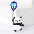 Detailed view of cute enamel panda brooch holding a blue teardrop crystal balloon - Silver Style (Q7-3-7377)