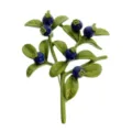 Close-up detail of the blueberry branch brooch with green enamel leaves and blue beads - Blue