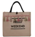 Stylish large capacity jute tote bag with colorful tassels and Hello Weekend print for women - Fringe Black