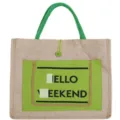 Minimalist linen tote bag featuring green handles and a pocket with printed text - Green