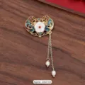 Macro view of vintage enamel floral brooch with pearls displayed on dark wood surface - 353# Tian-tsui Floral Lock