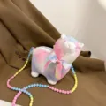 Süße regenbogenfarbene Alpaka-Plüschtasche mit bunter Perlenkette für Mädchen und Damen - Mehrfarbig (Regenbogen)
