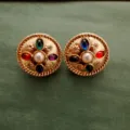 Vintage Baroque round gold earrings with colorful gemstones and pearl - Round Multi-color Gemstone Style (E1)