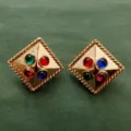 Vintage Baroque style golden square earrings with colorful round gemstone insets. - Square Pyramid Multi-color Gemstone Style (E2)