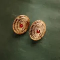 Vintage baroque style gold disk earrings with central red gemstone and crystal accents - Round Spiral Woven Red Gemstone Style (E5)