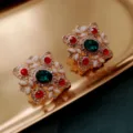 Vintage Baroque style geometric gold earrings with emerald green and ruby red crystals - Geometric Symmetric Emerald Red Gemstone Style (E6)