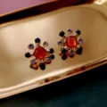 Vintage Baroque earrings with red square gemstone and black beads on a golden tray - Square Red Gemstone Black Bead Style (E9)