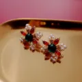 Vintage Baroque stud earrings with emerald green and ruby red stones on gold tray - Radial Multi-color Gemstone Artificial Pearl Style (E11)