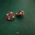 Retro baroque flower earrings featuring blue and red crystals and pearls, size 2x2cm - Flower Cluster Blue Red Gemstone Pearl Style (E13)