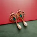 Exquisite vintage baroque style earrings with emerald green gemstones and white teardrop pearls - Hollow Green Gemstone Pearl Pendant Style (E12)