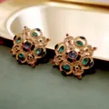 Vintage Baroque geometric earrings with colorful gemstones presented on a gold tray. - Complex Palace Hollow Multi-color Gemstone Style (E10)