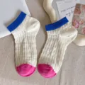 Women's low-cut mesh short socks with blue cuffs and pink toes, breathable candy color boat socks. - One Size (35-40) / White