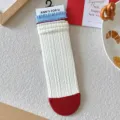 Calcetines blancos a media pierna con puño azul con volantes y puntera roja - Talla Única (35-40) / Estilo Encaje con Volantes (Burbuja)