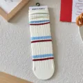 Calcetines de algodón blanco trenzados estilo coreano con rayas rojas y azules mujer - Talla Única (35-40) / Estilo Raya Gruesa Roja Azul (2 Rayas Gruesas)