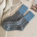 Warm grey wool crew socks featuring white polka dots and blue contrast ribbed cuffs - One Size (34-40) / Polka Dot Contrast Style