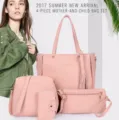 Elegantes 4-teiliges Handtaschenset in Pink mit Litschi-Textur, Shopper und Clutch - 4-teiliges Set / Rosa