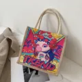 Burlap-Tragetasche im chinesischen Stil mit Guochao-Cartoon-Design und Seilgriffen - Kaugummi