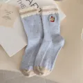Süße Bären bestickte gesprenkelte Wadenstrümpfe Damen Herbst Winter warme gemütliche Socken - Einheitsgröße (35-40) / Blau