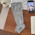 Gray knit long leg warmers socks, stylish ribbed design, comfortable casual daily wear accessory. - Average Size (34-41) / Gray