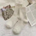Warm cream winter wool socks for women with stylish colorful confetti dots and ribbed texture - One Size / Off White