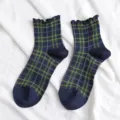 Women navy blue plaid socks with cute lettuce ruffle trim, daily casual cotton mid tube hosiery. - One Size / Dark Blue