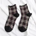 Black Plaid Ruffle Crew Socks - Comfortable Cotton Casual College Style Short Socks Variant - One Size / Black