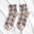 Women ruffle plaid socks cute vintage mid-tube cotton socks sweet preppy style spring summer. - One Size / Khaki