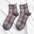 Cute women ruffle cuff plaid cotton socks Japanese style mid-tube casual hosiery daily - One Size / Dark Gray