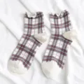 Women's plaid mid-calf cotton socks with cute ruffled lace cuffs, breathable spring style. - One Size / Milky White