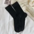 Thick cable knit winter wool socks for women, cozy thermal black crew socks for cold weather. - One Size (34-40) / Black