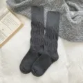 Dark grey ribbed knit slouch socks, cozy long casual cotton socks for women daily wear. - One Size (34-40) / Dark Gray
