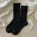 Women black cable knit socks winter warm mid-calf casual retro cozy basic slouch socks - One Size (34-40) / Black