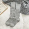 Grey slouch socks for women, soft cotton knit long leg warmers with ribbed cuff design. - One Size (34-40) / Light Gray
