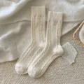 Beige cable knit crew socks for women, cozy winter warm vintage solid color hosiery. - One Size (34-40) / White