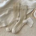 Women vintage solid cable knit mid calf wool socks cozy warm winter crew slouch socks - One Size (34-40) / Khaki